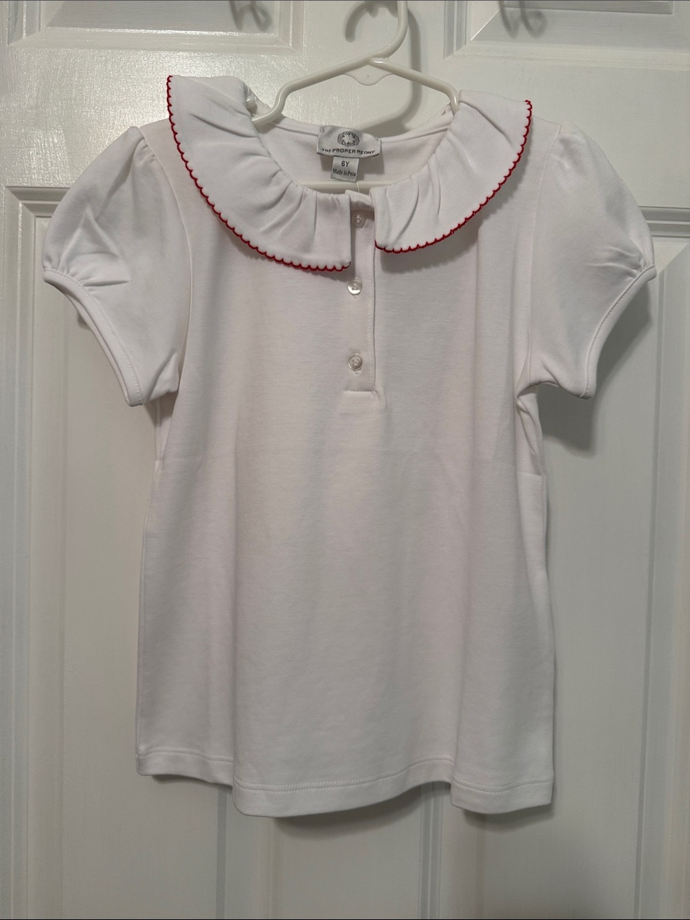 The Proper Peony Girls' White Blouse with Red Picot Trim Collar Sz 6